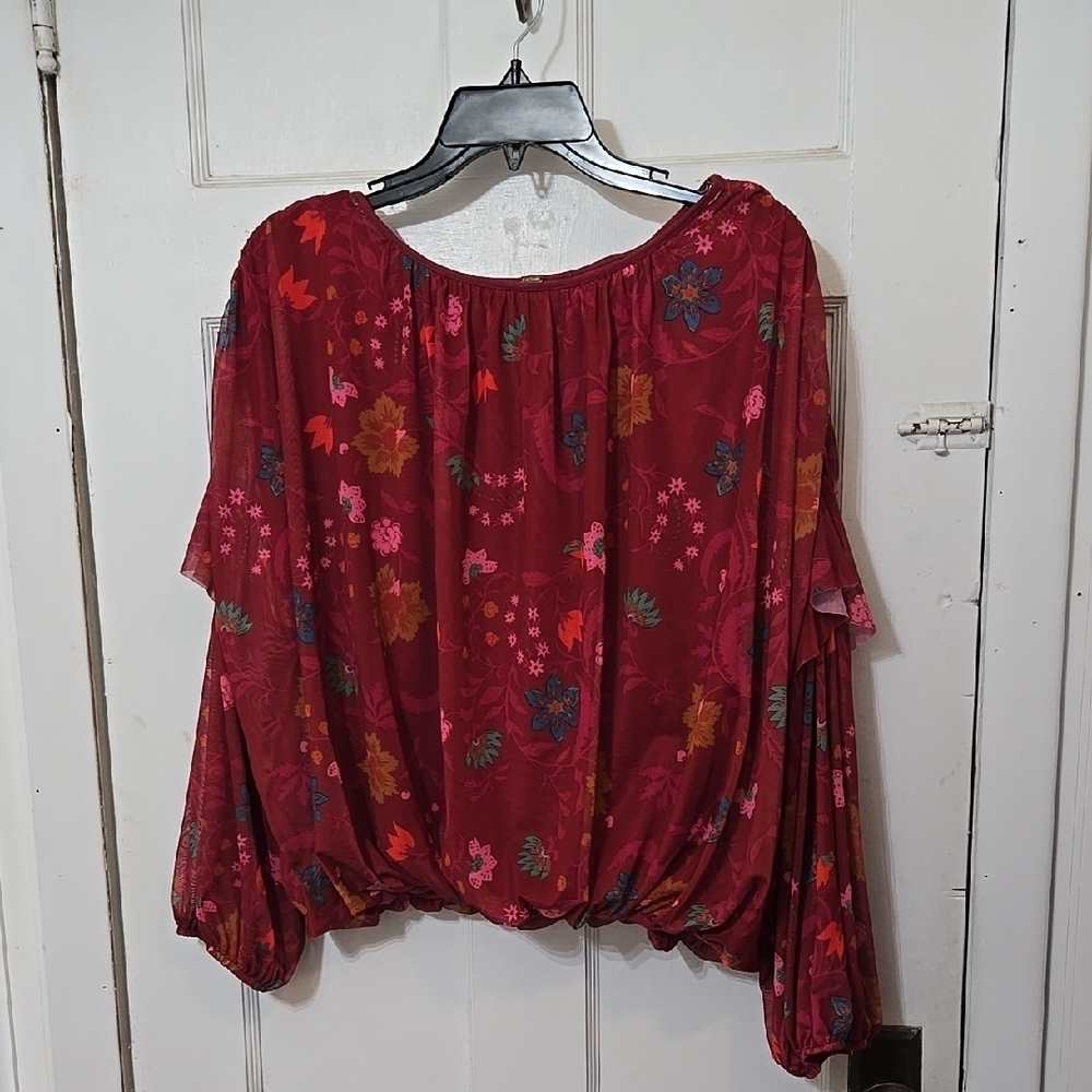 Free People Red Wildflower Honey Blouse Ruffle Sleeve At Top Womens MED